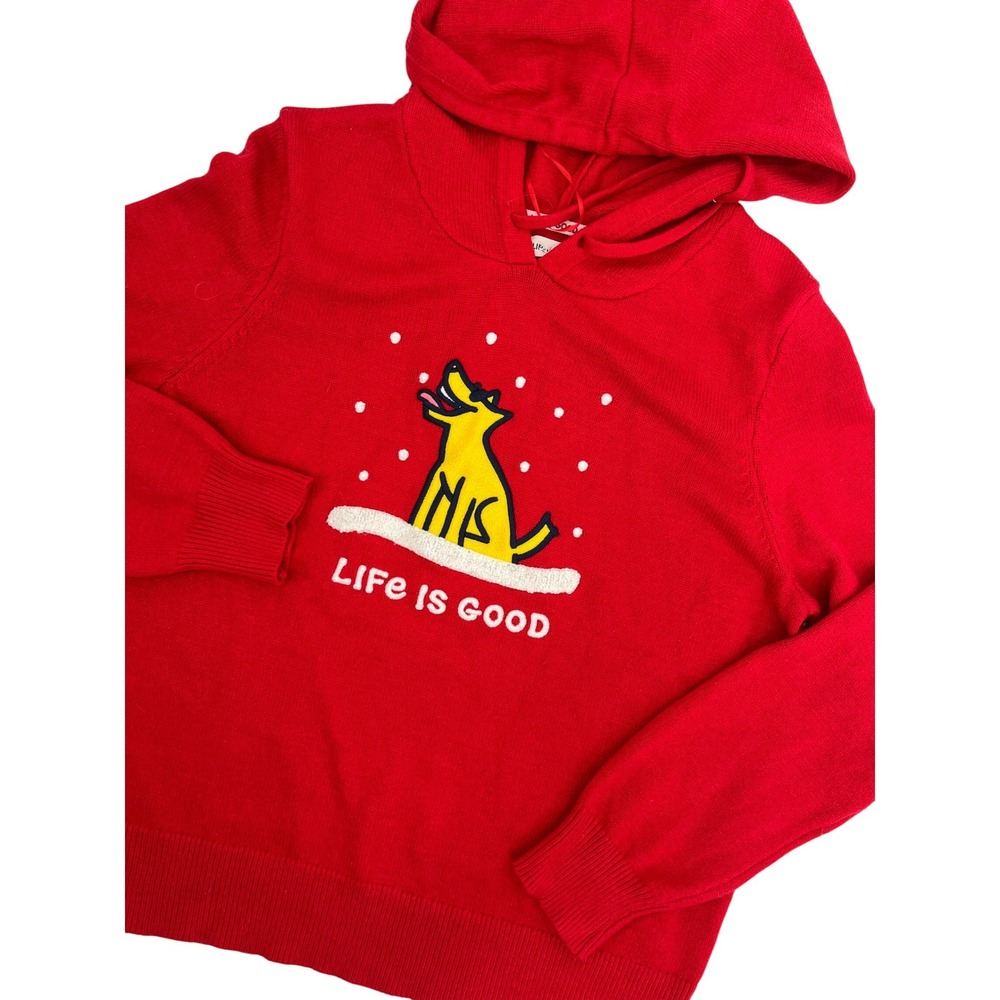 Life is Good Womens Red Graphic Knit Sweater Hoodie Dog Winter Snow‎ WH51531 L